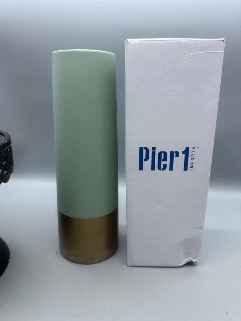 Pier 1 Mint Green and Gold Tall Cylinder Vase